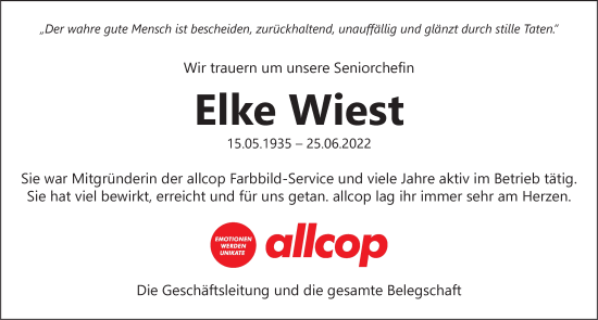 Traueranzeige von Elke Wiest von Der Westallgäuer