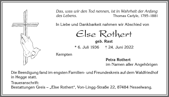 Traueranzeige von Else Rothert von Allgäuer Zeitung,Kempten