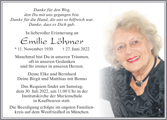 Traueranzeige von Emilie Löhmer von Allgäuer Zeitung, Marktoberdorf