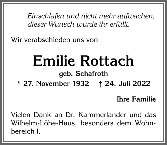 Traueranzeige von Emilie Rottach von Allgäuer Zeitung,Kempten
