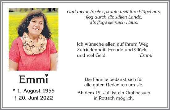 Traueranzeige von Emmi  von Allgäuer Zeitung,Kempten