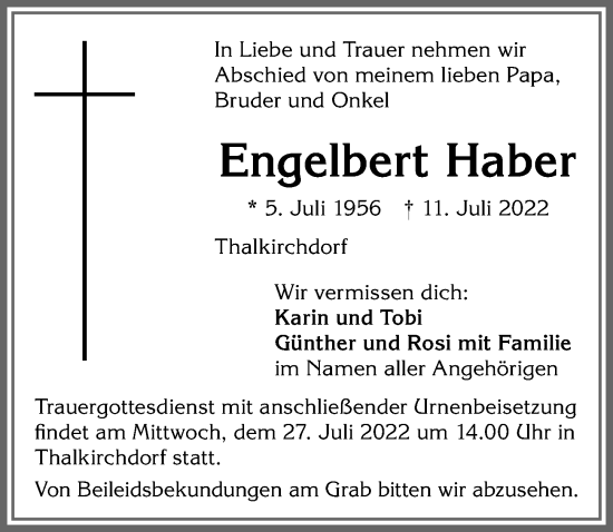 Traueranzeige von Engelbert Haber von Allgäuer Anzeigeblatt