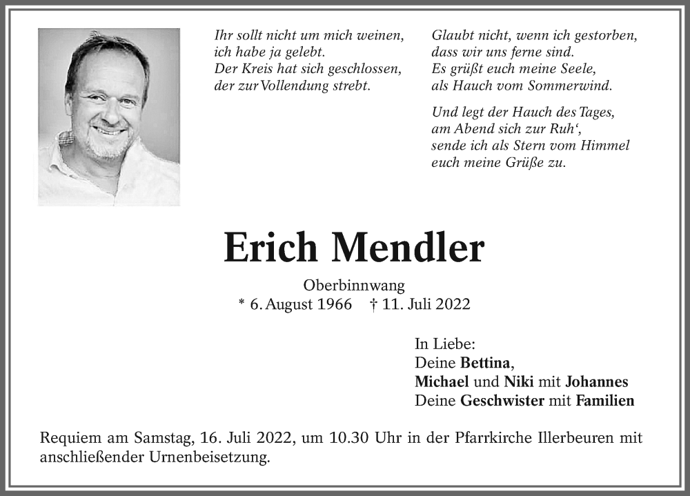  Traueranzeige für Erich Mendler vom 14.07.2022 aus Memminger Zeitung