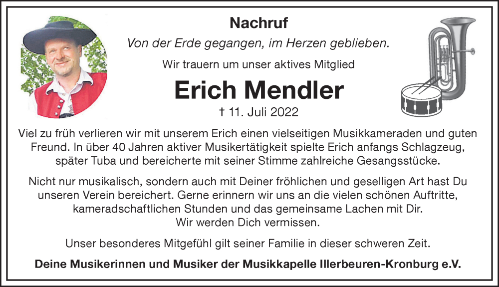  Traueranzeige für Erich Mendler vom 14.07.2022 aus Memminger Zeitung