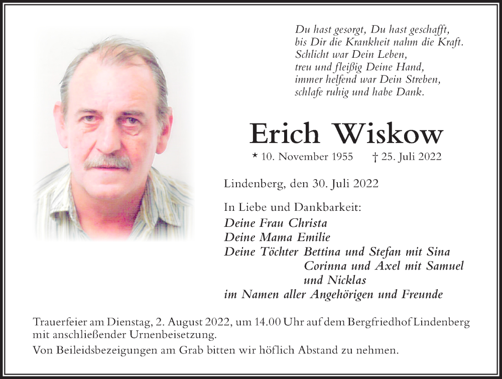  Traueranzeige für Erich Wiskow vom 30.07.2022 aus Der Westallgäuer