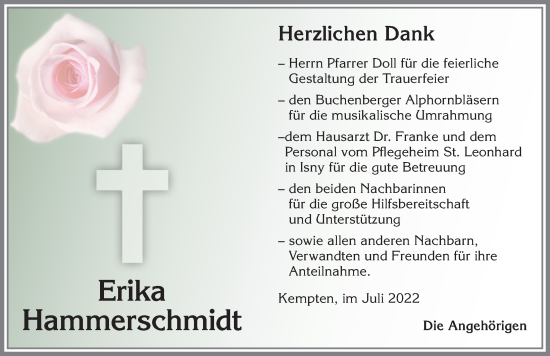 Traueranzeige von Erika Hammerschmidt von Allgäuer Zeitung,Kempten