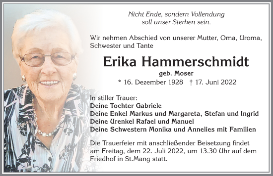 Traueranzeige von Erika Hammerschmidt von Allgäuer Zeitung,Kempten