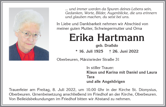 Traueranzeige von Erika Hartmann von Allgäuer Zeitung, Kaufbeuren/Buchloe
