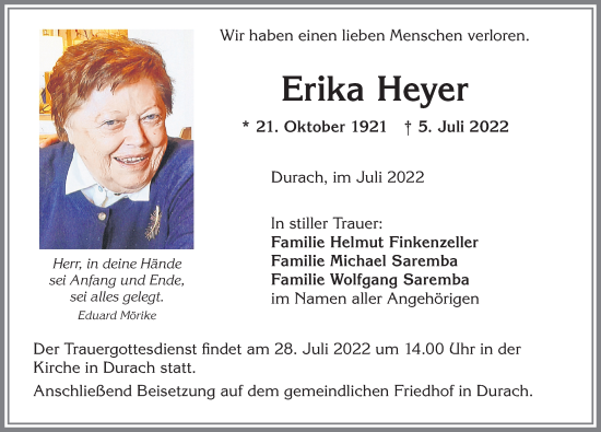 Traueranzeige von Erika Heyer von Allgäuer Zeitung,Kempten