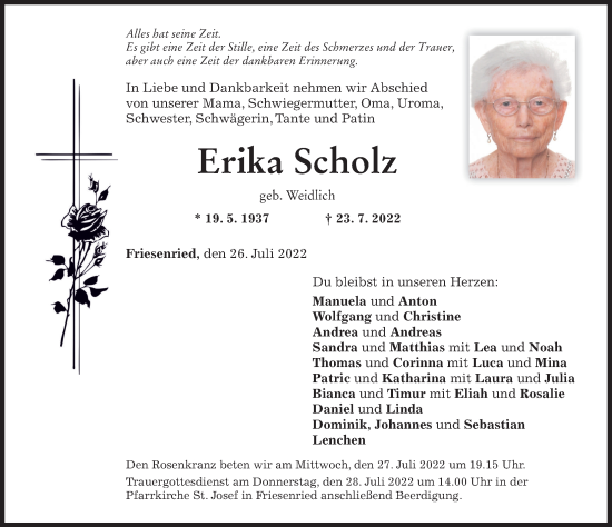 Traueranzeige von Erika Scholz von Allgäuer Zeitung, Kaufbeuren/Buchloe