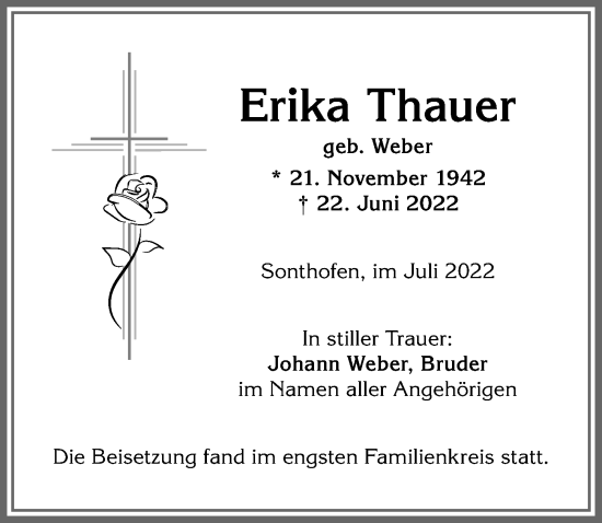 Traueranzeige von Erika Thauer von Allgäuer Anzeigeblatt