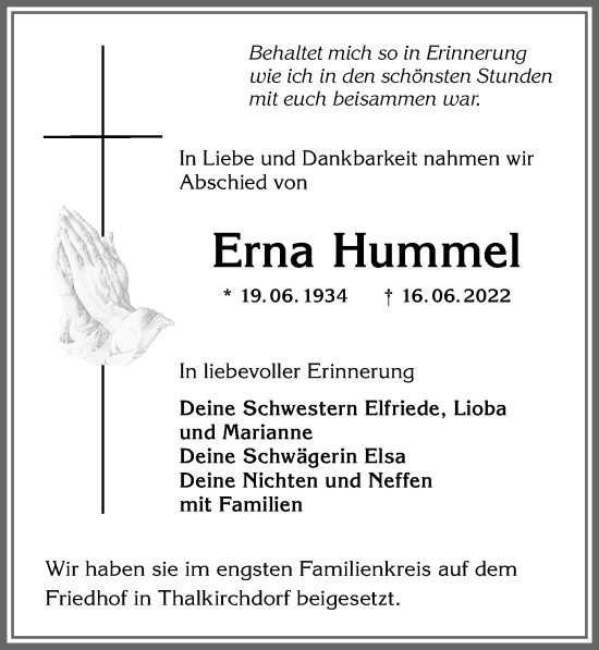 Traueranzeige von Erna Hummel von Allgäuer Anzeigeblatt