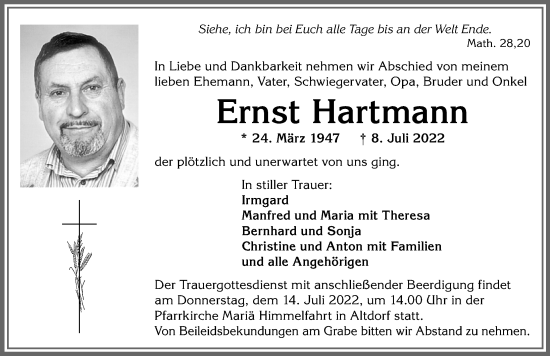 Traueranzeige von Ernst Hartmann von Allgäuer Zeitung, Marktoberdorf