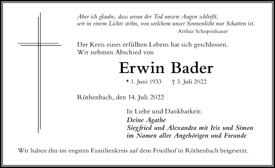 Traueranzeige von Erwin Bader von Der Westallgäuer
