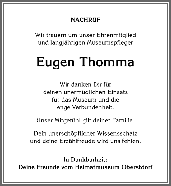 Traueranzeige von Eugen Thomma von Allgäuer Anzeigeblatt