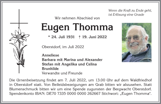 Traueranzeige von Eugen Thomma von Allgäuer Anzeigeblatt