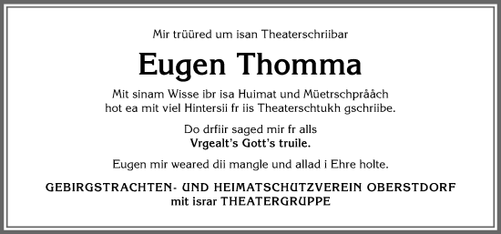 Traueranzeige von Eugen Thomma von Allgäuer Anzeigeblatt