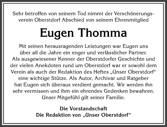 Traueranzeige von Eugen Thomma von Allgäuer Anzeigeblatt