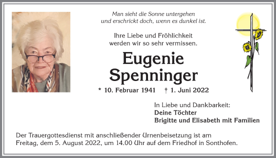 Traueranzeige von Eugenie Spenninger von Allgäuer Anzeigeblatt