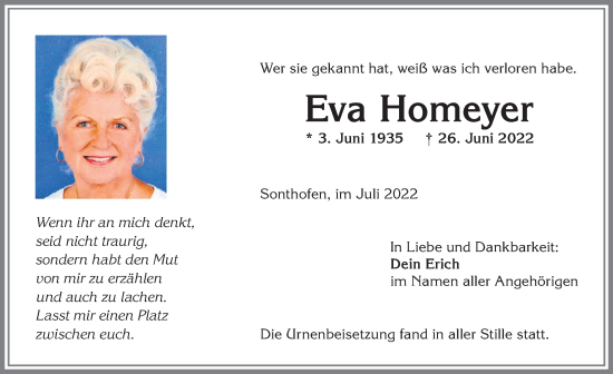 Traueranzeige von Eva Homeyer von Allgäuer Anzeigeblatt