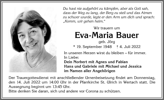 Traueranzeige von Eva-Maria Bauer von Allgäuer Anzeigeblatt