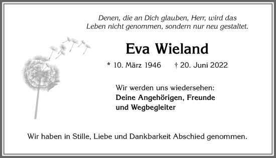 Traueranzeige von Eva Wieland von Allgäuer Zeitung,Kempten