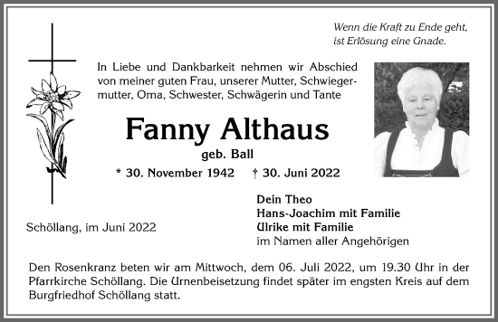 Traueranzeige von Fanny Althaus von Allgäuer Anzeigeblatt