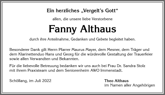 Traueranzeige von Fanny Althaus von Allgäuer Anzeigeblatt