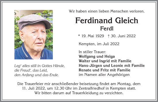 Traueranzeige von Ferdinand Gleich von Allgäuer Zeitung,Kempten