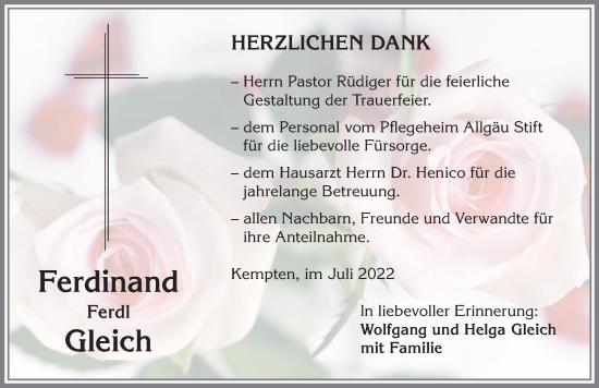 Traueranzeige von Ferdinand Gleich von Allgäuer Zeitung,Kempten
