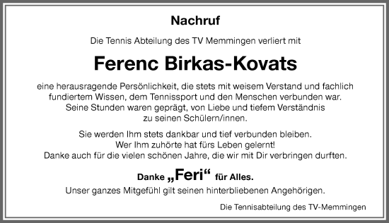 Traueranzeige von Ferenc Birkás-Kováts von Memminger Zeitung