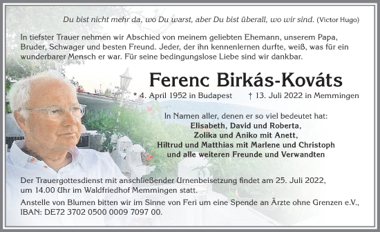 Traueranzeige von Ferenc Birkás-Kováts von Memminger Zeitung