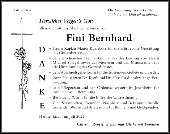 Traueranzeige von Fini Bernhard von Der Westallgäuer