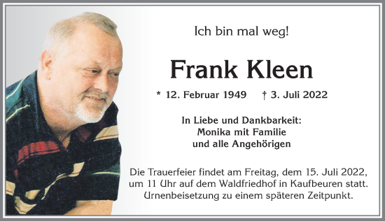 Traueranzeige von Frank Kleen von Allgäuer Zeitung, Kaufbeuren/Buchloe