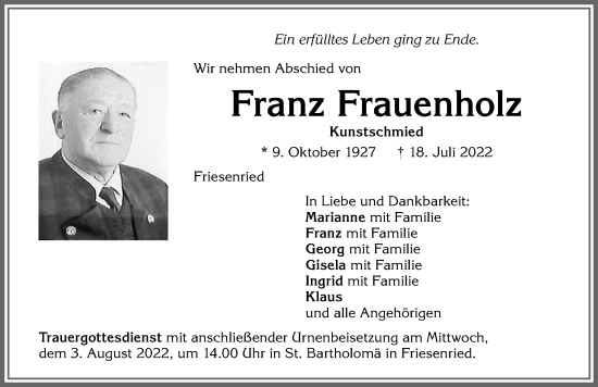 Traueranzeige von Franz Frauenholz von Allgäuer Zeitung, Marktoberdorf