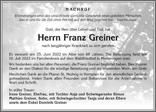 Traueranzeige von Franz Greiner von Allgäuer Zeitung,Kempten