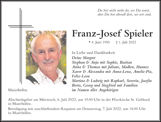 Traueranzeige von Franz-Josef Spieler von Der Westallgäuer