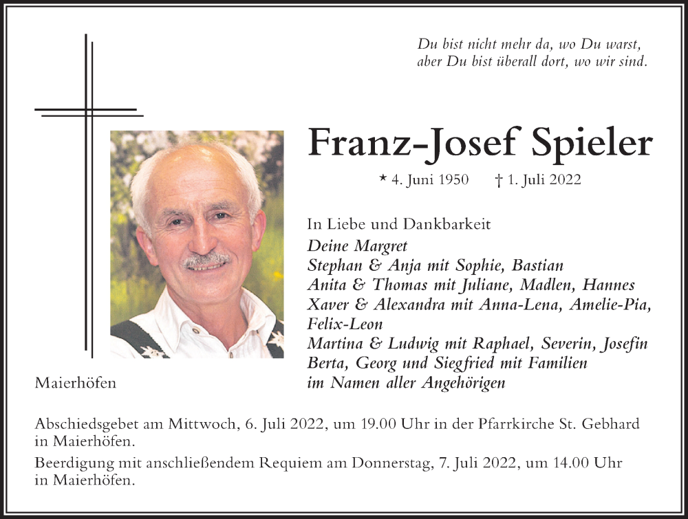  Traueranzeige für Franz-Josef Spieler vom 05.07.2022 aus Der Westallgäuer