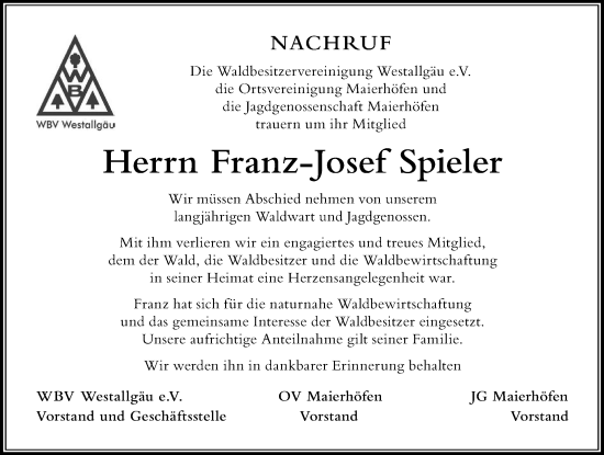 Traueranzeige von Franz-Josef Spieler von Der Westallgäuer