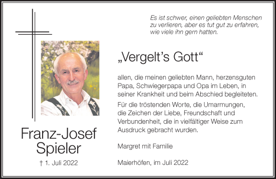 Traueranzeige von Franz-Josef Spieler von Der Westallgäuer