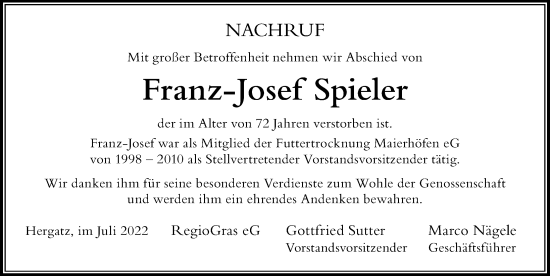 Traueranzeige von Franz-Josef Spieler von Der Westallgäuer