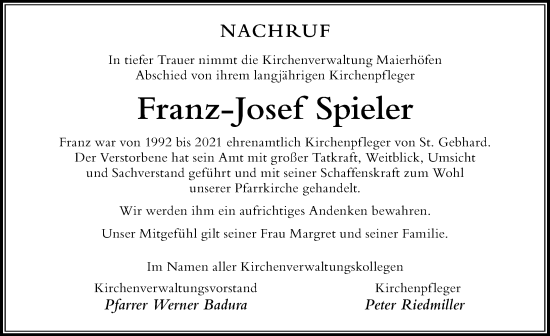 Traueranzeige von Franz-Josef Spieler von Der Westallgäuer