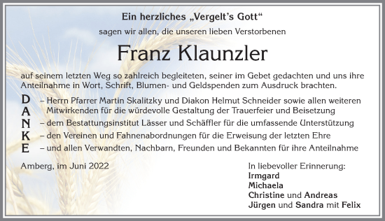 Traueranzeige von Franz Klaunzler von Mindelheimer Zeitung, Augsburger Allgemeine