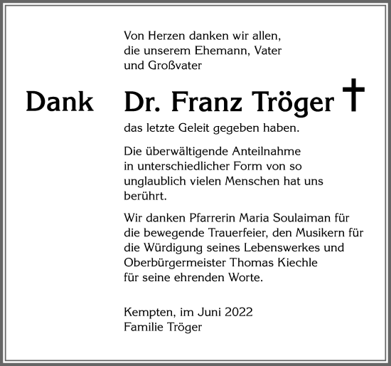 Traueranzeige von Franz Tröger von Allgäuer Zeitung,Kempten