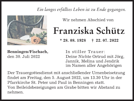 Traueranzeige von Franziska Schütz von Memminger Zeitung