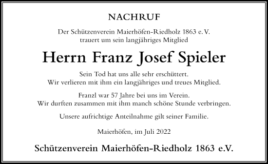 Traueranzeige von Franz Josef Spieler von Der Westallgäuer