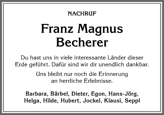 Traueranzeige von Franz Magnus Becherer von Allgäuer Anzeigeblatt