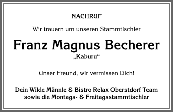 Traueranzeige von Franz Magnus Becherer von Allgäuer Anzeigeblatt