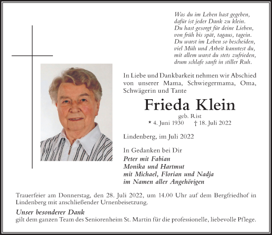 Traueranzeige von Frieda Klein von Der Westallgäuer