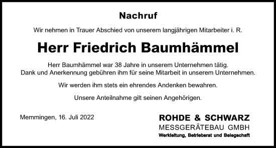 Traueranzeige von Friedrich Baumhämmel von Memminger Zeitung